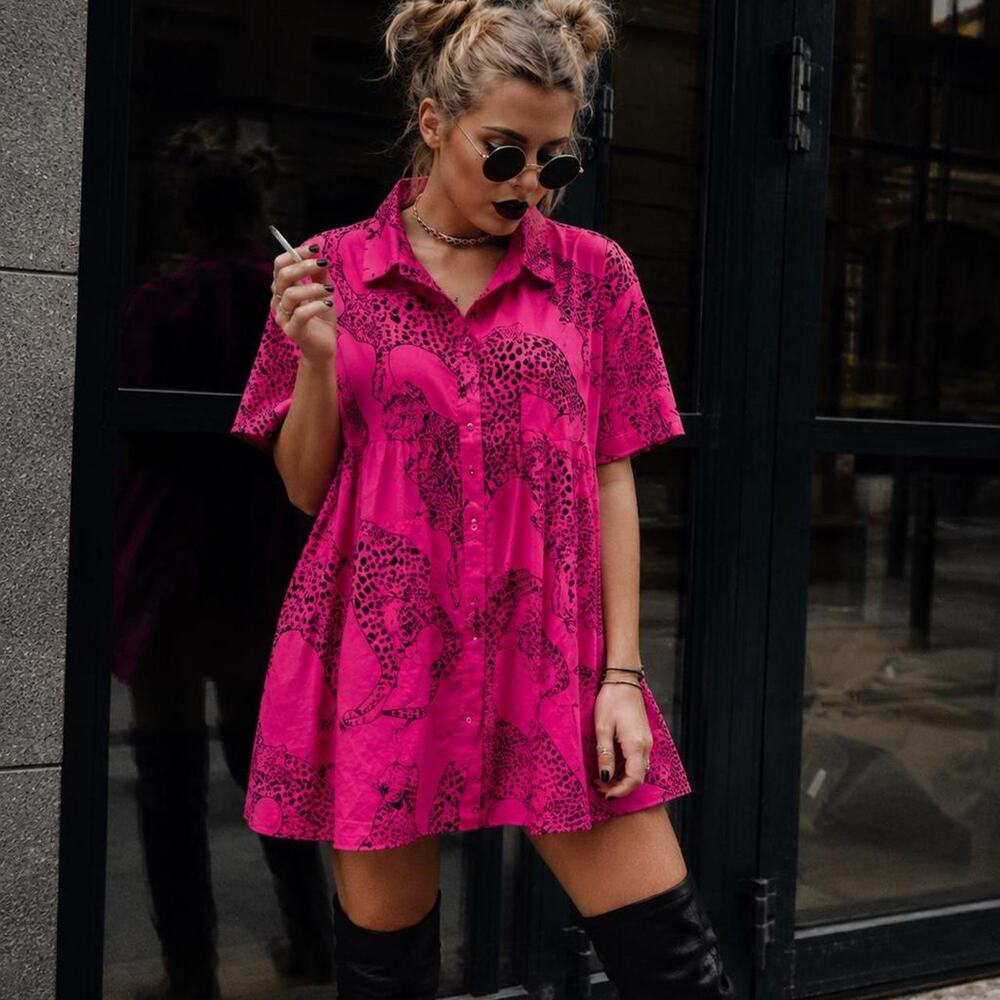 Entro Hot Pink Leopard Print Babydoll Dress Size L